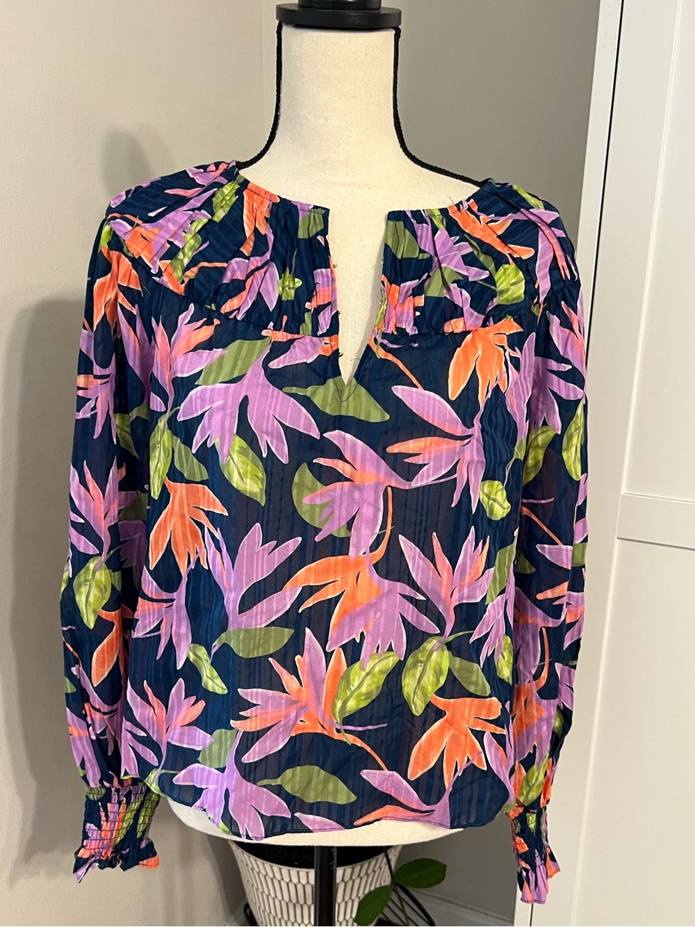 Ramy Brook Navy Floral Split-Neck Blouse with Pink, Orange & Green Leaves